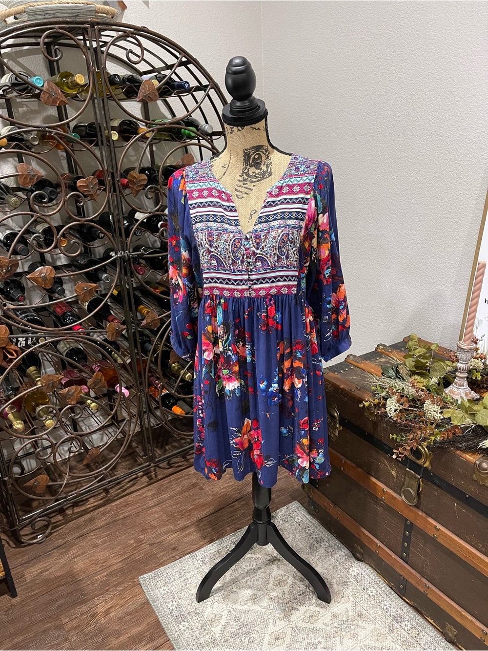 Umgee Boho Floral V-Neck Smocked Waist Dress in Navy - Picture 1 of 9